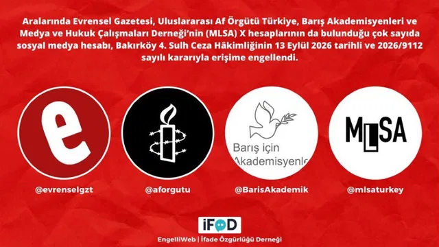 The X accounts of Evrensel newspaper, Amnesty International Turkey, the Academics for Peace and MLSA were blocked by decision no. 2026/9112 of the Bakırköy 4th Criminal Judgeship of Peace, dated 13 September 2026.