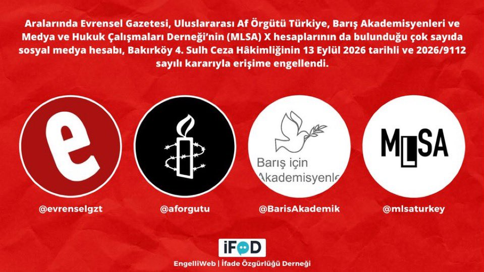 The X accounts of Evrensel newspaper, Amnesty International Turkey, the Academics for Peace and MLSA were blocked by decision no. 2026/9112 of the Bakırköy 4th Criminal Judgeship of Peace, dated 13 September 2026.